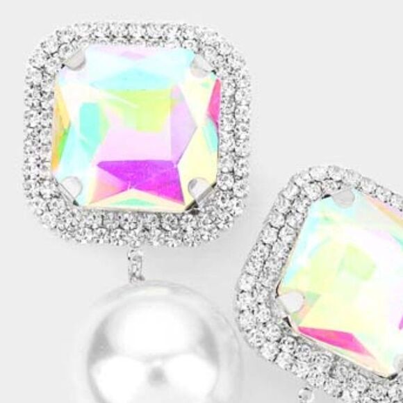 Square Aurora Borealis Stone Pearl Silver Clip on Earrings - Picture 3 of 5